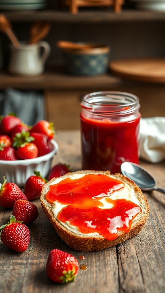 Homemade Strawberry Jam Recipe for Bread A jar of strawberry jam next to a slice of bread spread with jam, surrounded by fresh strawberries.